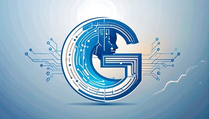 Futuristic G-letter design with circuit board and profile view of a face