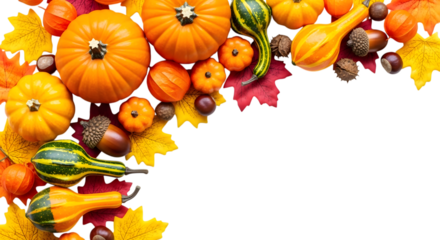 Autumn harvest arrangement of pumpkins, gourds, acorns and colorful fall leaves isolated on transparent background