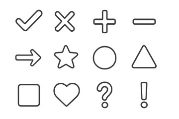 Opaque Line Icons. Line style icons of opaque symbols: opaque checkmark, opaque cross, opaque plus, opaque minus; opaque arrow,