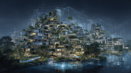 Concept of AI in architecture shaping future smart cities with adaptive buildings, green rooftops, renewable energy grids, and responsive environments for sustainable urban plannin