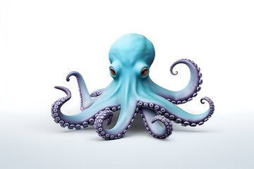 A vibrant octopus with blue skin and purple tentacles, gracefully poised in a minimalistic setting