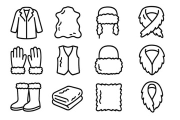 Fur Line Icons. Line style icons of fur objects: fur coat, fur rug, fur hat, fur scarf; fur gloves, fur vest, fur muff, fur collar