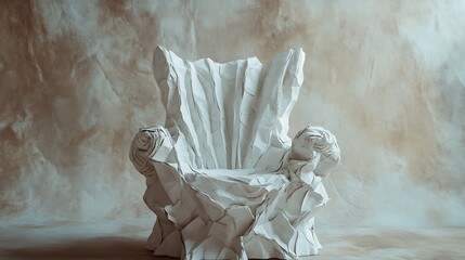 Striking Paper Throne Art Piece White Crumpled Texture Armchair on Neutral Backdrop