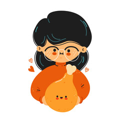 Cute girl holding a kawaii fried chicken drumstick.