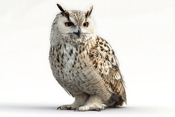 Realistic depiction of a majestic owl perched elegantly against a soft white background