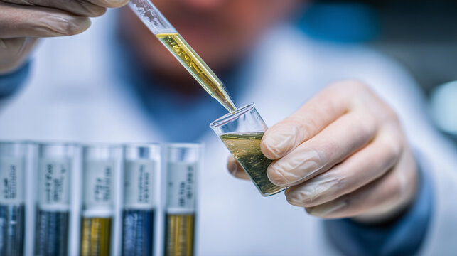 Close-up of gloved hands using a pipette to test water in a glass container, floating scientific labels indicating PFAS, lead, mercury, and cadmium contamination. water testing, la