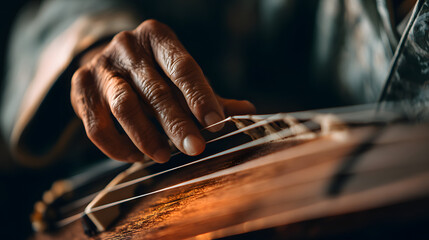 Musical Harmony: Close-up of a musician's hand plucking the strings of a stringed instrument. A captivating glimpse into musicality, precision, and the artistry behind creating harmonious melodies.