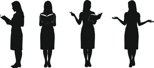 Silhouettes of businesswoman reading, teaching, presenting, and thinking, holding books, professional poses, office woman isolated on white background vector