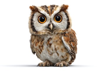 A realistic, detailed depiction of a perched owl with large eyes and intricate feathers against a white background