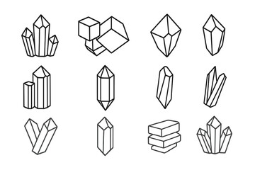 Crystal Mineral Icons. Line style icons of crystal minerals: hexagonal quartz, cubic pyrite, orthorhombic sulfur, trigonal calcite