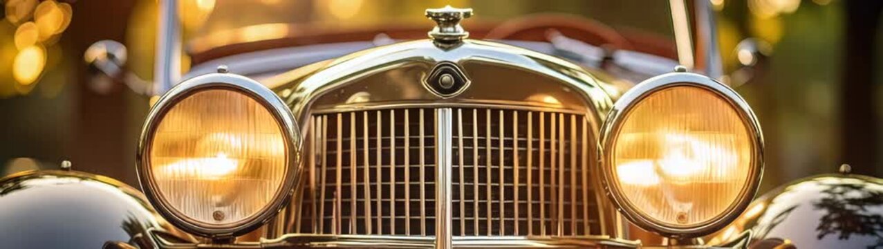 Polished chrome grille and headlights of a vintage automobile gleaming in the warm sunset light.