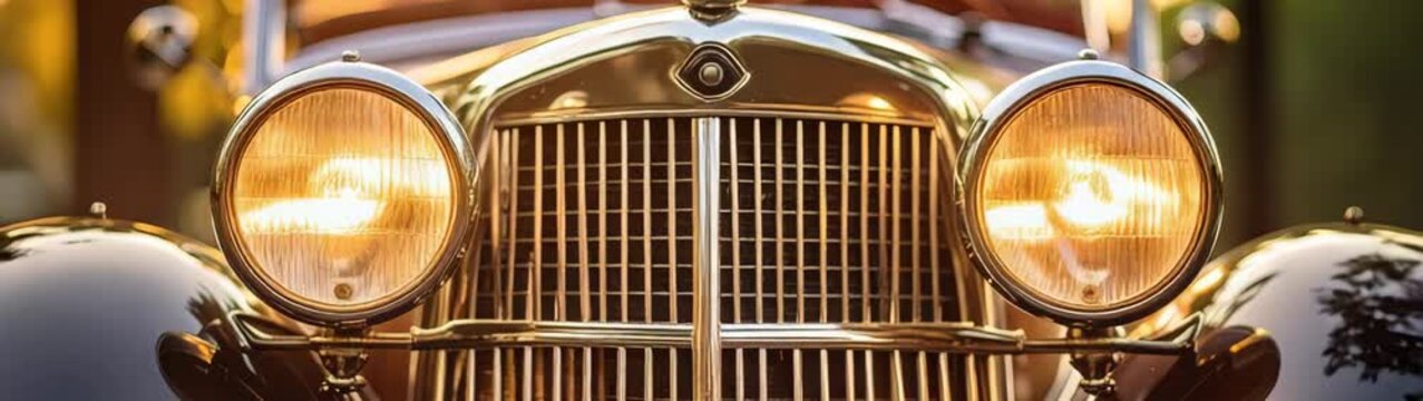Polished chrome grille and headlights of a vintage automobile gleaming in the warm sunset light.