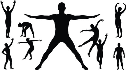 Silhouettes of dancers and athletes posing, stretching, exercising, ballet dancers, male and female figures, fitness, flexibility, strength, dynamic movement, performance, grace, 