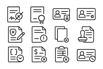 Document Fraud Icons. Line style icons of document fraud: forged signature, fake certificate, altered ID, counterfeit license;