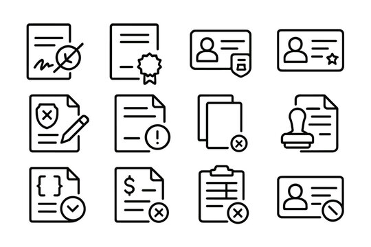 Document Fraud Icons. Line style icons of document fraud: forged signature, fake certificate, altered ID, counterfeit license;