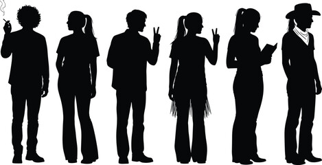 Silhouettes of diverse people standing in line, smoking, reading, showing peace signs, wearing cowboy hat, casual poses, lifestyle, freedom, social interaction.