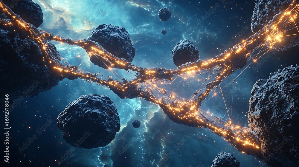Aufkleber a network of asteroids connected by glowing lines in deep space