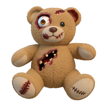 Creepy zombie teddy bear for halloween on transparent background