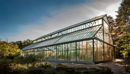 Obraz premium glass and steel greenhouse structure in botanical park architectural detail shot soft ambient light green tech bio architecture