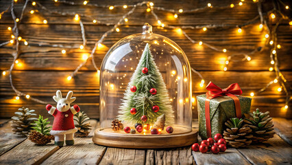 Holiday Magic Captivating Christmas Display Featuring a Tree Under Glass Reindeer and Gift Box on a Wood Surface