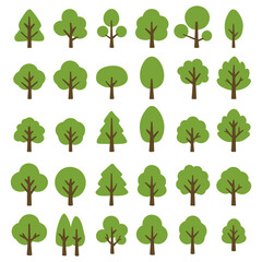 Fototapeta premium A collection of various stylized green trees with brown trunks, presented in a grid format.