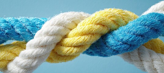 Intertwined ropes of three colors against a light blue background