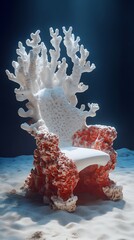 Surreal Coral Chair on Ocean Floor with Orange and White Texture and Dark Background