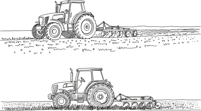 Tractor plowing field in monoline style, transparent background  