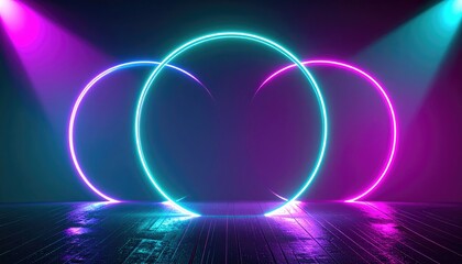 Obraz premium Cyan Magenta Neon Portal Rings Dark Stage