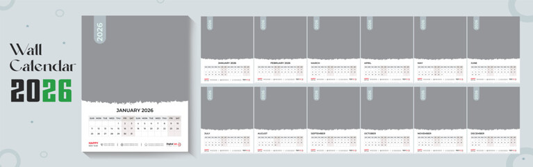 2026 wall calendar template or 2026 corporate business wall calendar