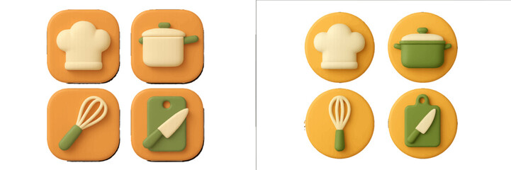 Set of 3D cooking and kitchen icons including a chef hat, cooking pot, whisk, and knife on a cutting board isolated on a white background