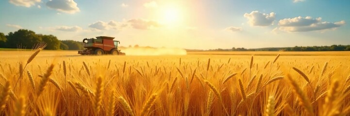 Obraz premium Golden wheat field under a summer sun, ready for harvest Combines in the distance, ripe stalks swaying gently in the breeze Abundant crop, agricultural scene , sheaf, rural