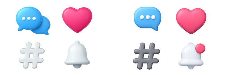 3D social media icons set with like, comment, notification bell, and hashtag symbols for web and mobile app user interface design