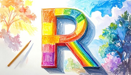 Colorful 3D letter 'R' surrounded by watercolor landscapes