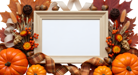A rustic wooden frame decorated with pumpkins, autumn leaves, berries, nuts, and ribbons, perfect for fall or thanksgiving isolated on transparent background