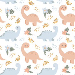 Obraz premium Cute dinosaur pattern with leaves and flowers on black background.