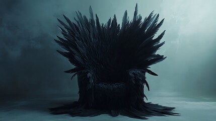 Throne of Ravens Dark Feather Chair in a Misty Void, Gothic Fantasy Imagery