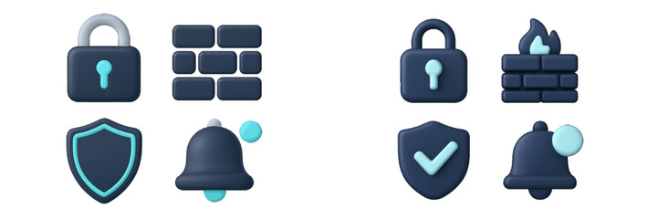 Volumetric security icon collection featuring padlock, firewall, shield, and notification bell symbols for user interface design and cybersecurity concepts isolated on a white background