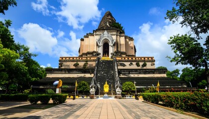 Ancient temple with tiered structure under a vibrant blue sky