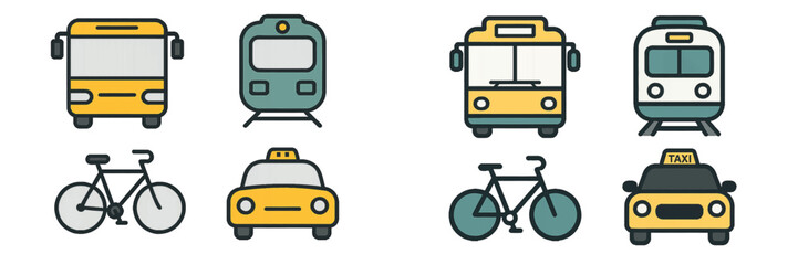 Set of public transportation icons including bus, train, taxi, and bicycle in a flat line art style isolated on a white background
