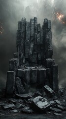Towering Dark Stone Throne in a Smoky Landscape, Fantasy Architecture and Ambience