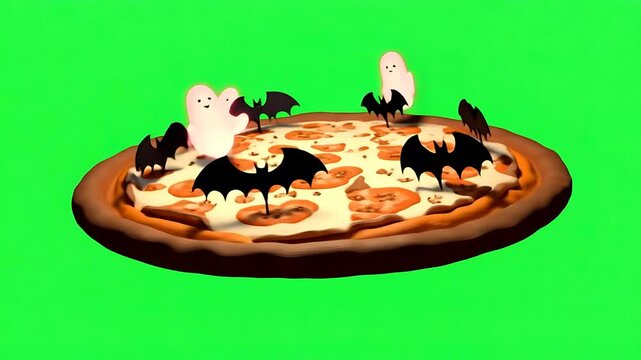 Spooky Halloween Pizza with Bats and Ghosts on Green Screen