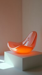 Transparent Orange Modern Chair on White Cube in CreamColored Room, Soft Lighting Ambiance