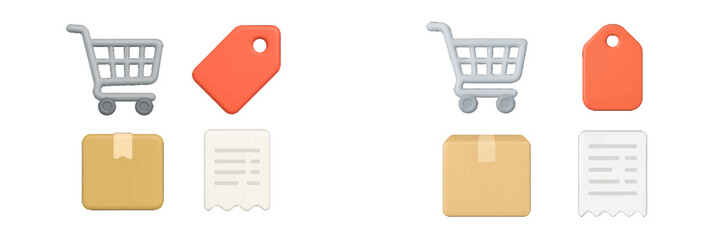 E-commerce shopping cart, price tag, package, and receipt icons for online retail and digital marketplace applications