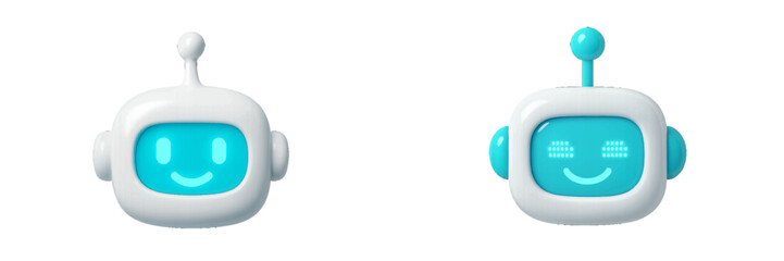 Smiling robot head with antenna on white background