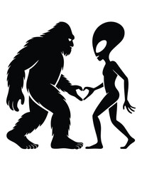 A whimsical and stylized illustration of Bigfoot and an alien, both in silhouette, forming a heart shape with their hands.