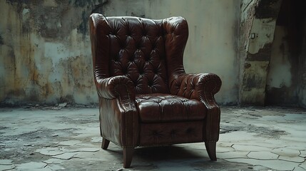 Tufted Brown Leather Wingback Chair in Abandoned Room with Cracked Floor Texture