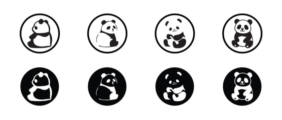 Panda bear icon Set, minimal panda silhouette icon, cute panda bear set, set of panda silhouette, cute animal  panda, cartoon panda poses, vector  illustration EPS 10.