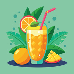 A glass of vibrant orange juice with tropical fruit.