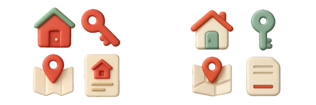 3D real estate icon set with house, key, map location pin, and property document for web and mobile applications